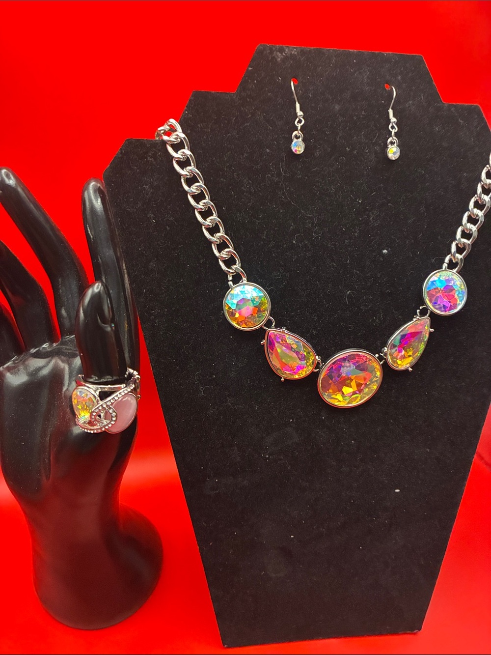 Iridescent Multi-Color Teardrop Statement Necklace with Matching Earrings